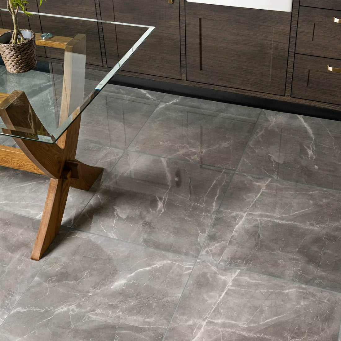 Storm grey gloss tiles in kitchen setting 