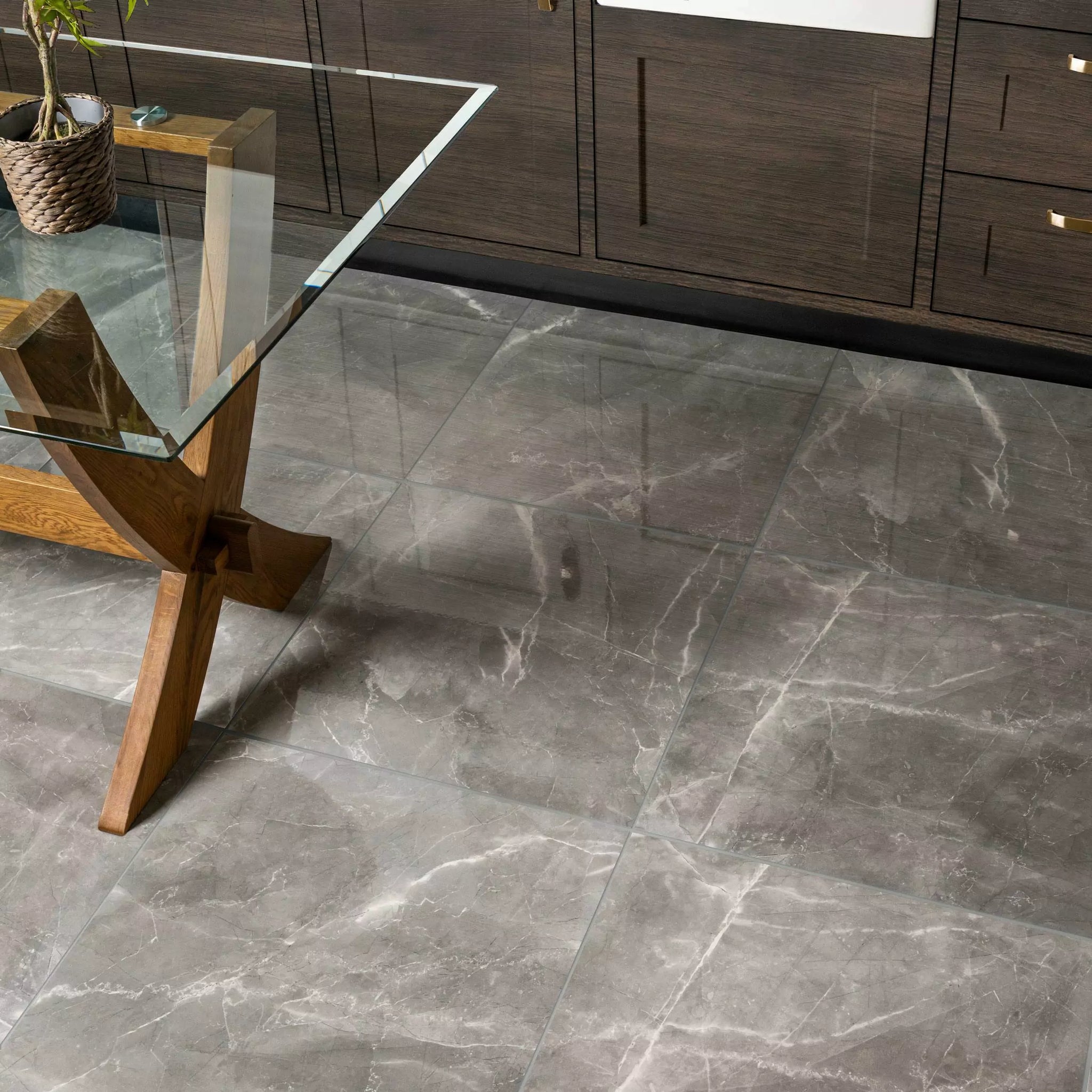 Storm grey gloss tiles in kitchen setting 