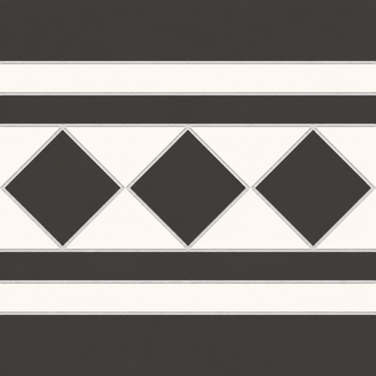 Dorset black and white porcelain border tile with three diamond motifs between contrasting linear bands