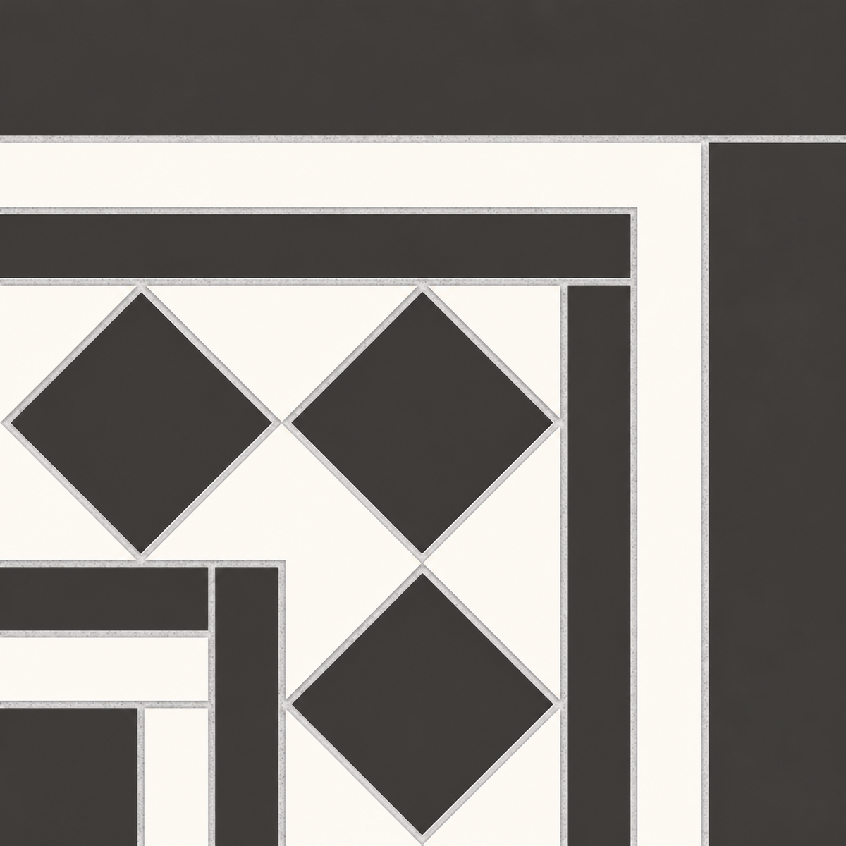 Dorset black and white porcelain corner tile with diamond motifs and right-angle border detailing