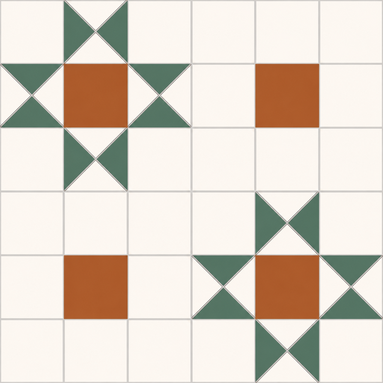 Dorset green and terracotta porcelain floor tile with geometric star motifs on an off-white background