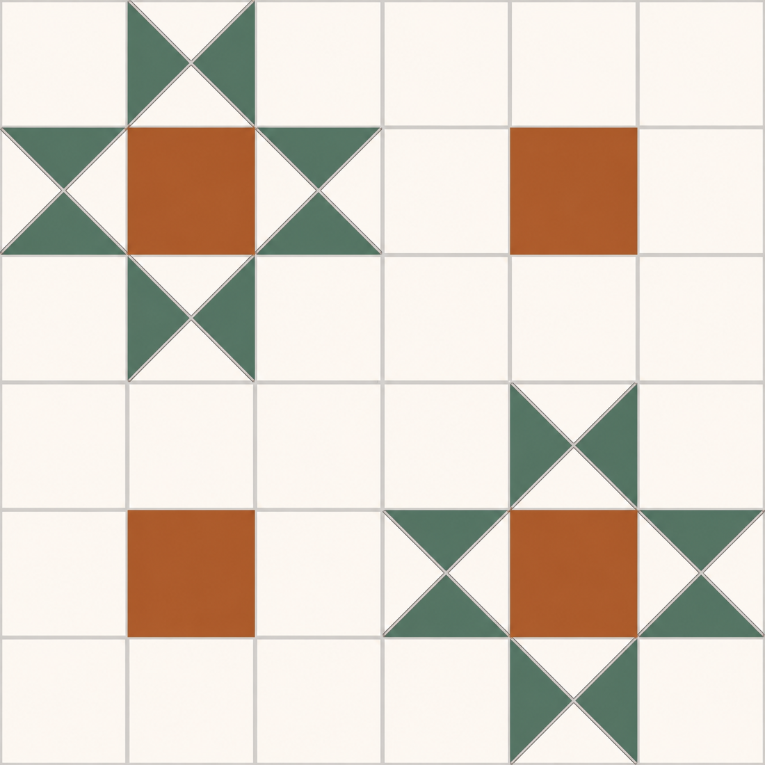 Dorset green and terracotta porcelain floor tile with geometric star motifs on an off-white background