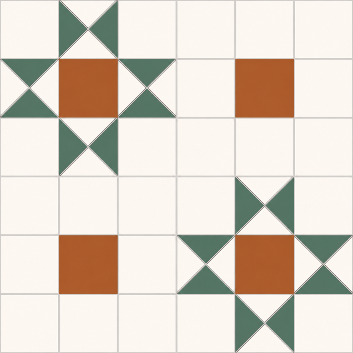 Dorset green and terracotta porcelain floor tile with geometric star motifs on an off-white background