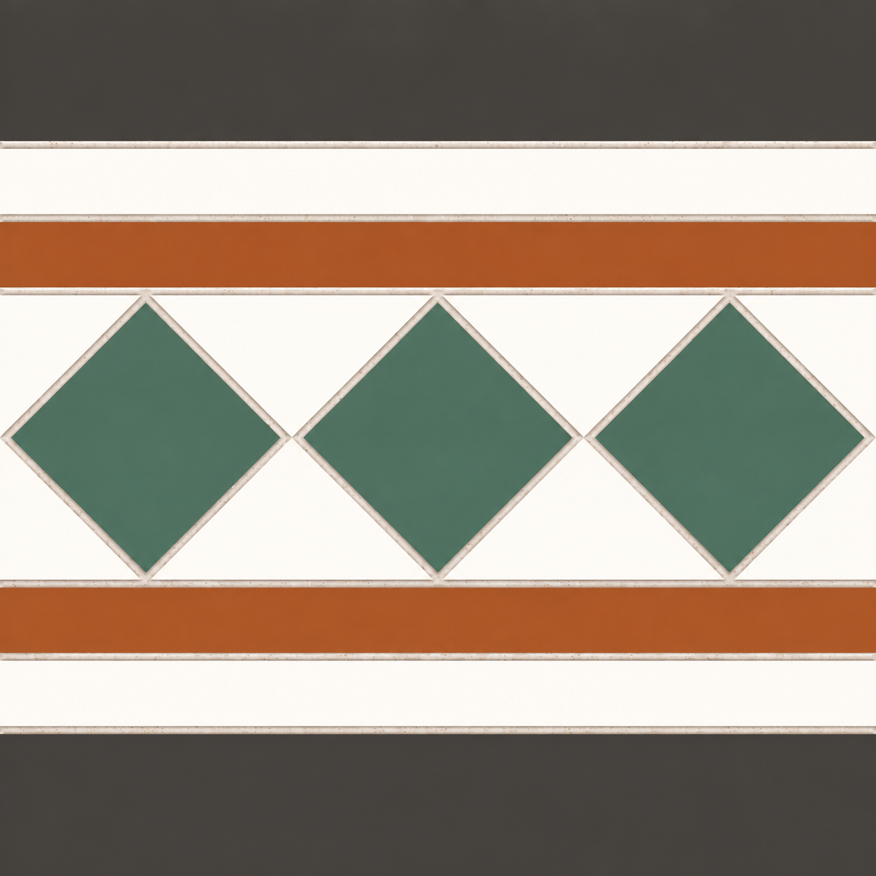 Dorset porcelain border tile with green diamonds, terracotta bands and charcoal edging