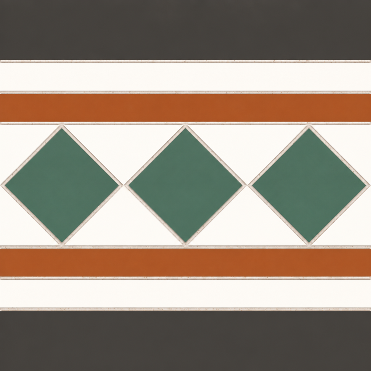 Dorset porcelain border tile with green diamonds, terracotta bands and charcoal edging