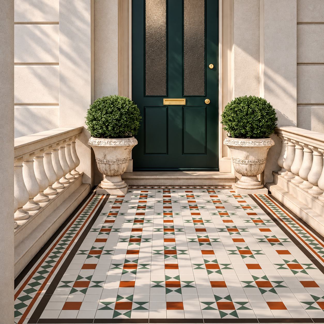 Dorset green and terracotta porcelain porch floor with decorative borders leading to a dark green front door