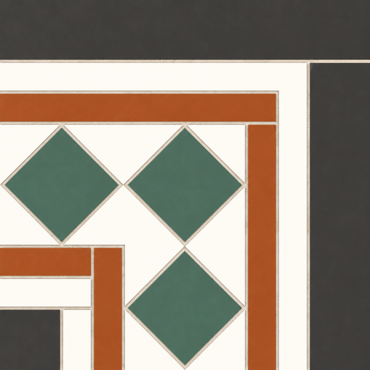 Dorset green and terracotta porcelain corner piece with diamond motifs and right-angle border detailing