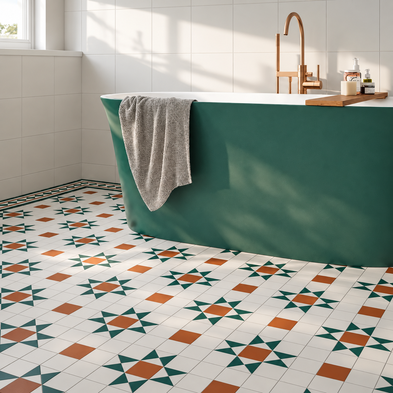 Dorset green and terracotta patterned bathroom floor tiles beside a green freestanding bath and brass tap