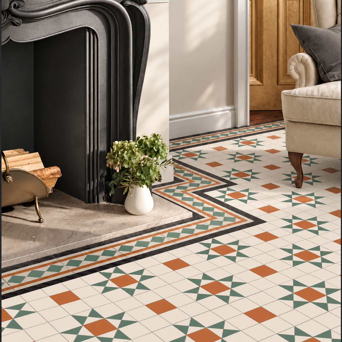 Traditional Dorset star-pattern porcelain floor with matching borders around a black fireplace