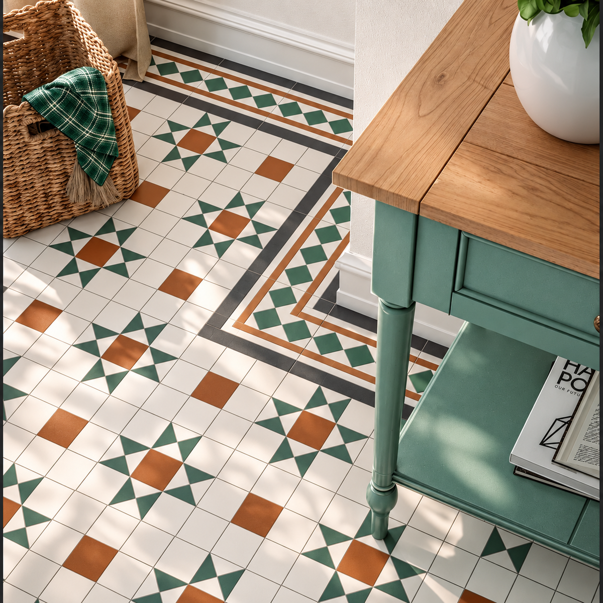 Dorset green and terracotta patterned hallway tiles with diamond borders beside a green timber console