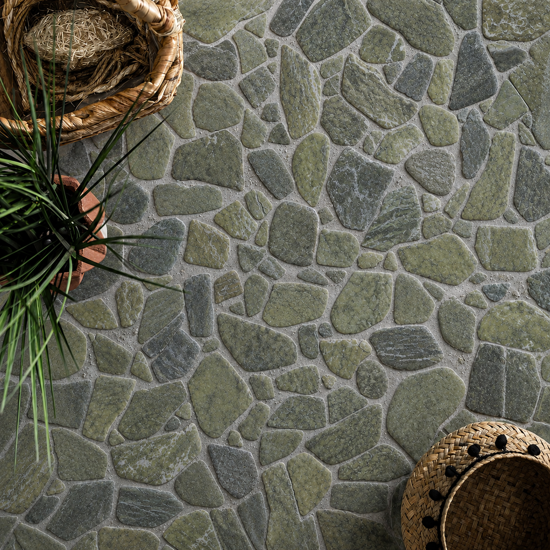 Green cracked mosaic marble floor tiles 