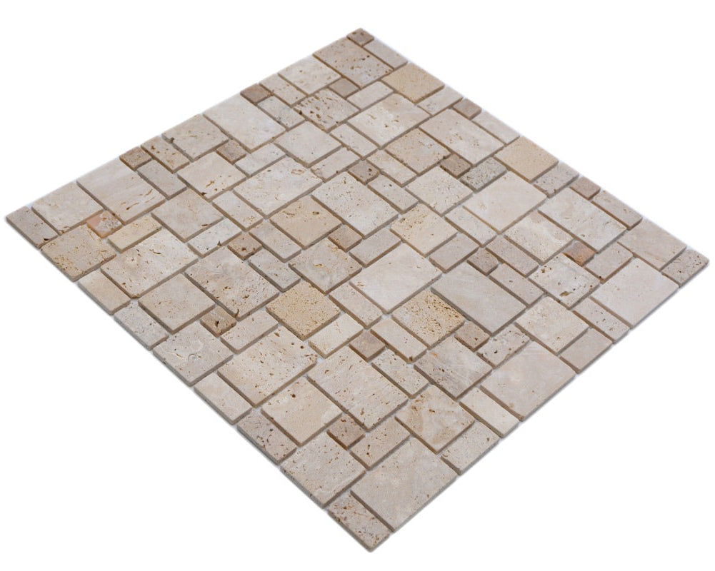 Natural travertine mini Versailles mosaic tile sheet in ivory beige and soft grey tones
