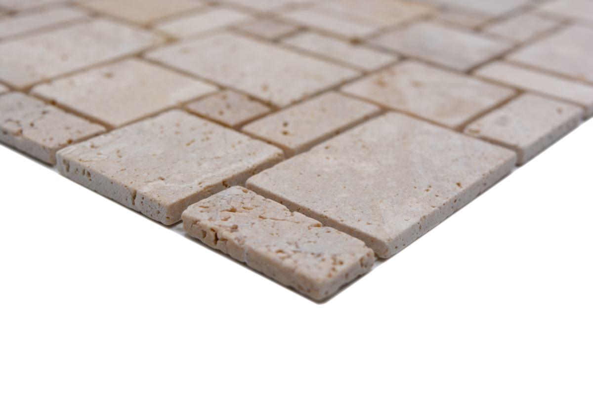 Versailles Classic Ivory Travertine Modular Mosaic Tile with beige and grey tumbled stone finish