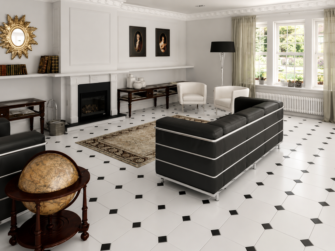 Victorian Octagon White &amp; Black Cabochon Porcelain Floor Tile in an elegant traditional living room with black leather sofas, fireplace and heritage décor.