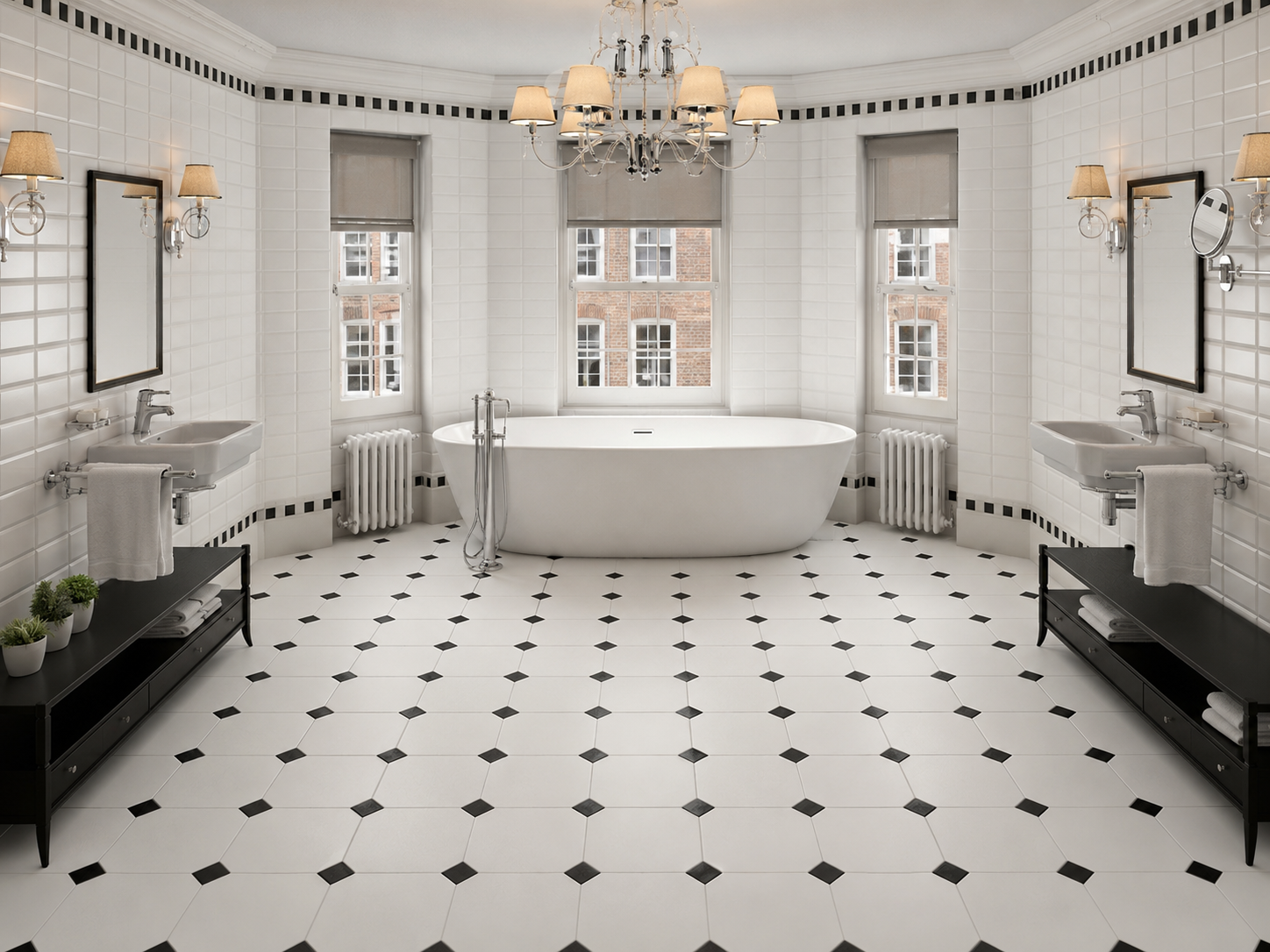 Victorian White & Black Cabochon Porcelain Floor Tile