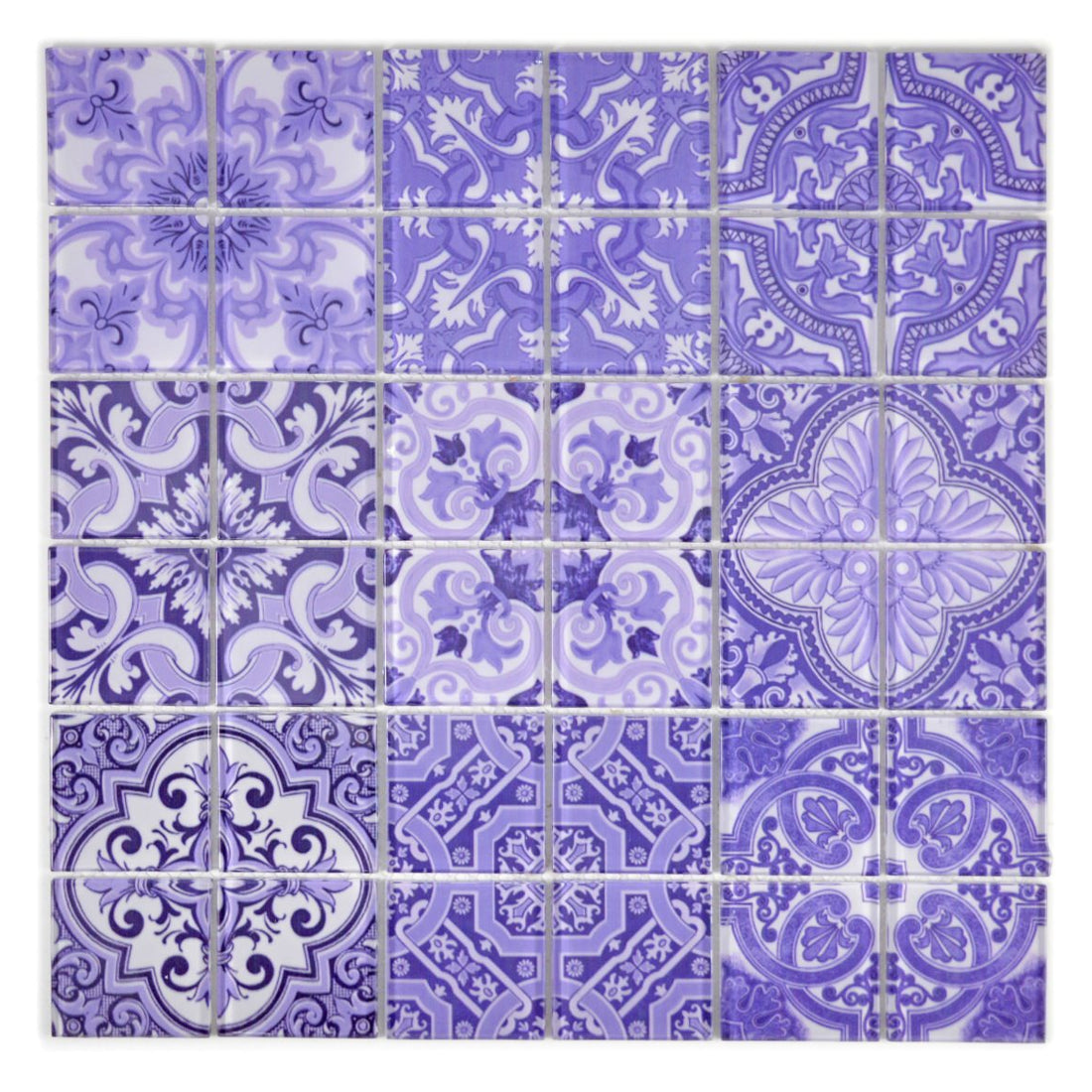 Full sheet of Violetta Purple Ornate Pattern Glass Mosaic Tile with mixed vintage purple and white decorative patterns on mesh backing