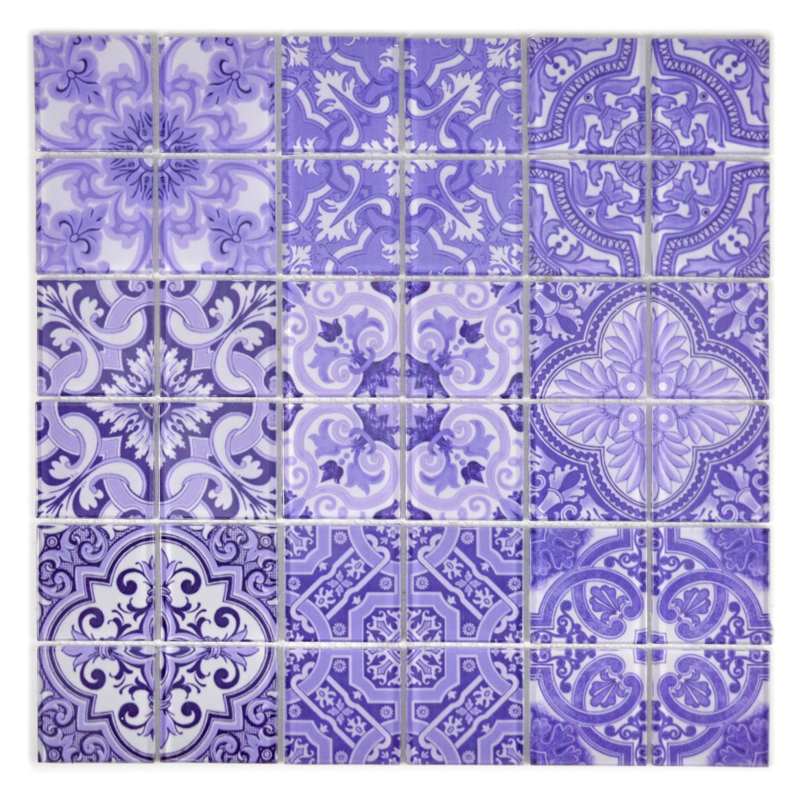 Full sheet of Violetta Purple Ornate Pattern Glass Mosaic Tile with mixed vintage purple and white decorative patterns on mesh backing