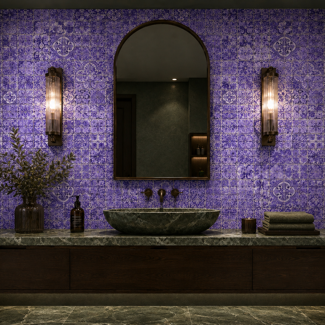 Purple mosaic bathroom splashback 