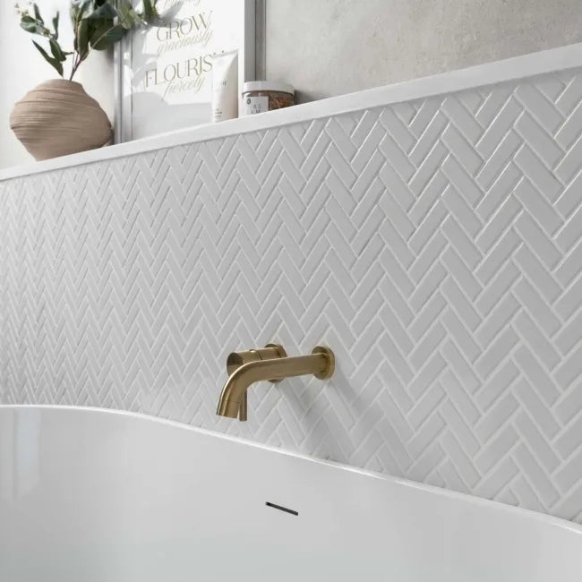 White gloss herringbone bathroom installation picture 