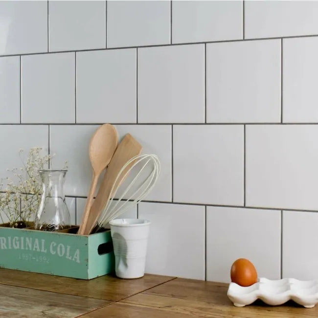 wall tile square in white gloss kitchen counter setting 