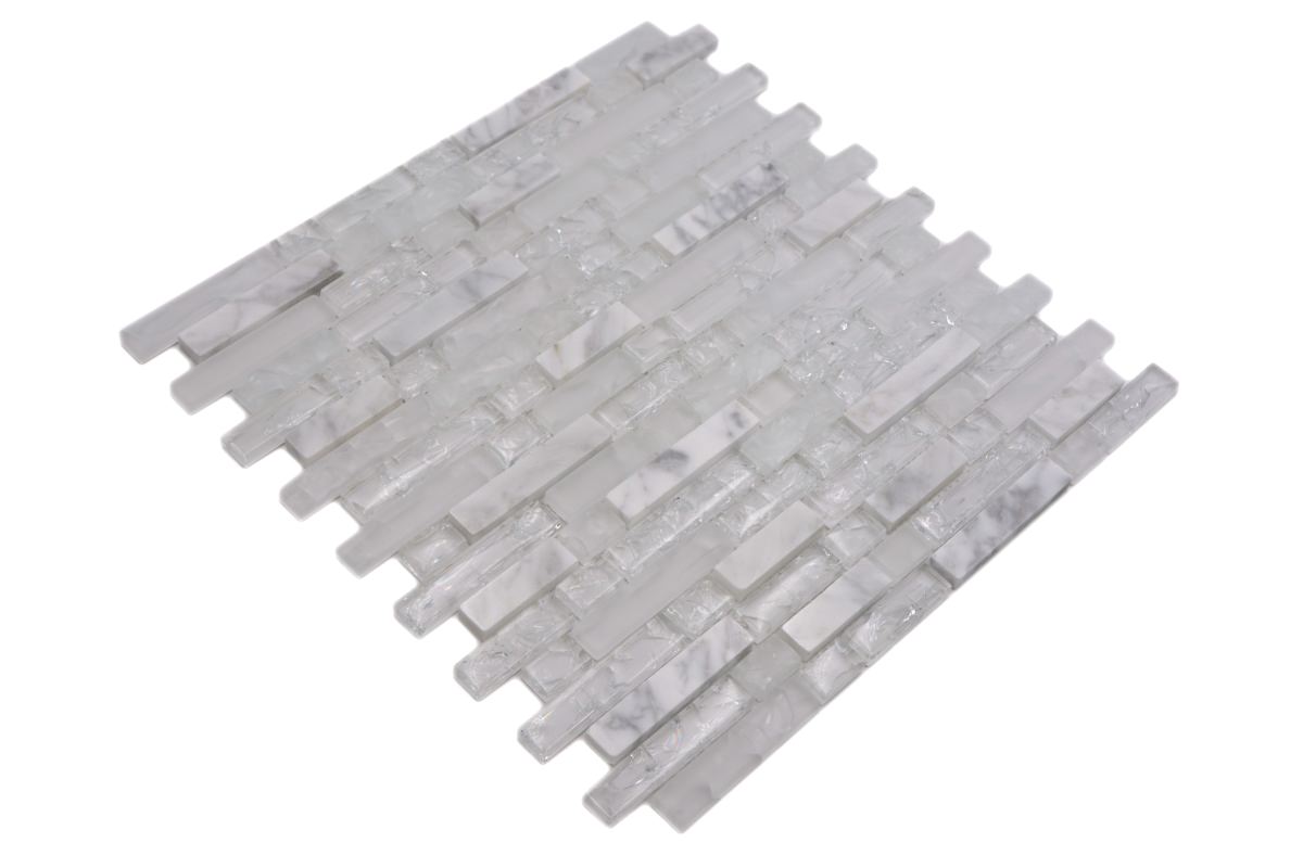 White Long Frost Crackle Brickbond Mosaic Tiles