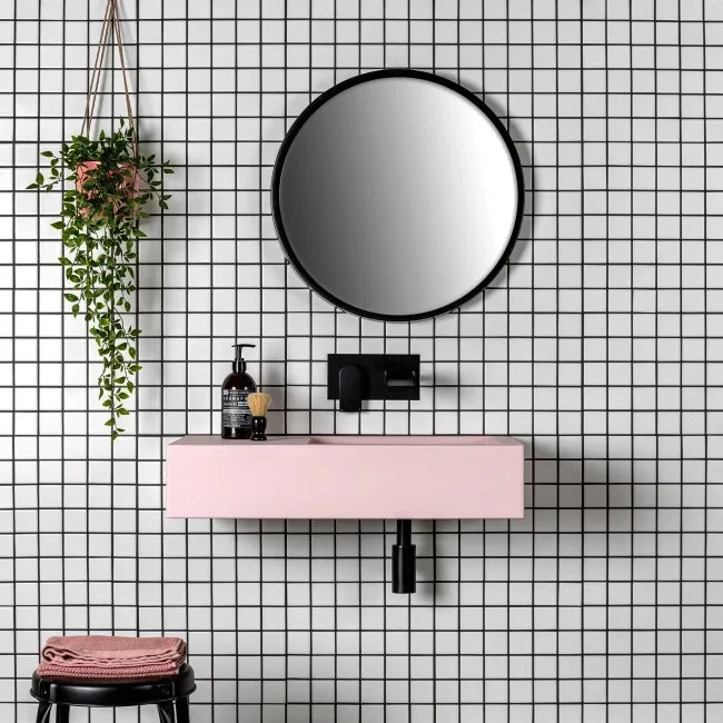 white square polished tile bathroom décor 