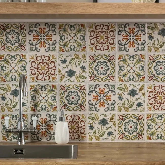 Windsor Medieval Floral décor ceramic wall tile with hand-painted effect and gloss finish in multicolour 150x150mm format.