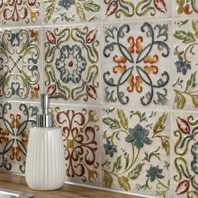 Gloss ceramic square tile with intricate floral detailing designed for internal bathroom or kitchen feature walls.