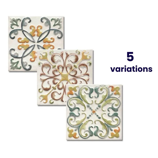 Decorative wall installation using Windsor 150x150mm patterned tiles showing mixed face variations for bespoke layout.