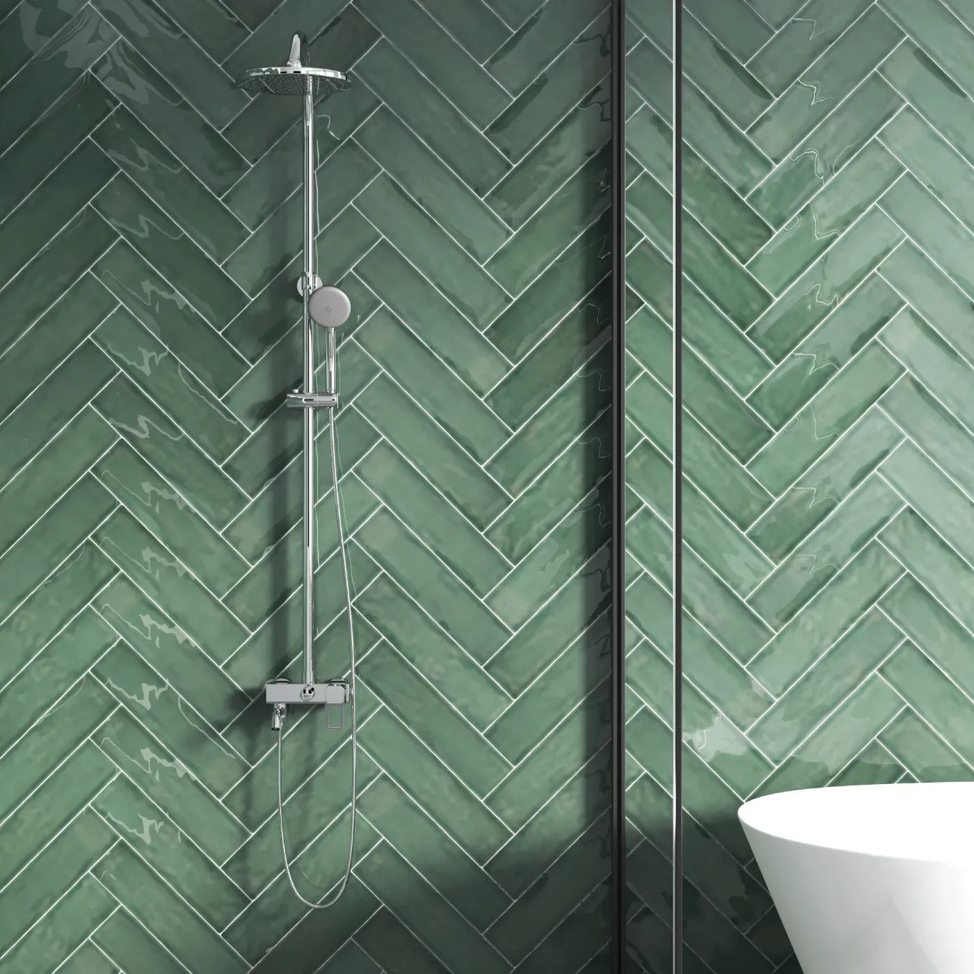 Verdant Glaze metro tiles installed as a bathroom feature wall, delivering a refined botanical green tone with a soft reflective gloss finish.