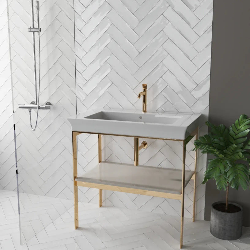 Alabaster Veil gloss metro tiles installed in a modern bathroom feature wall, reflecting soft ambient light with a refined zellige-inspired surface variation.