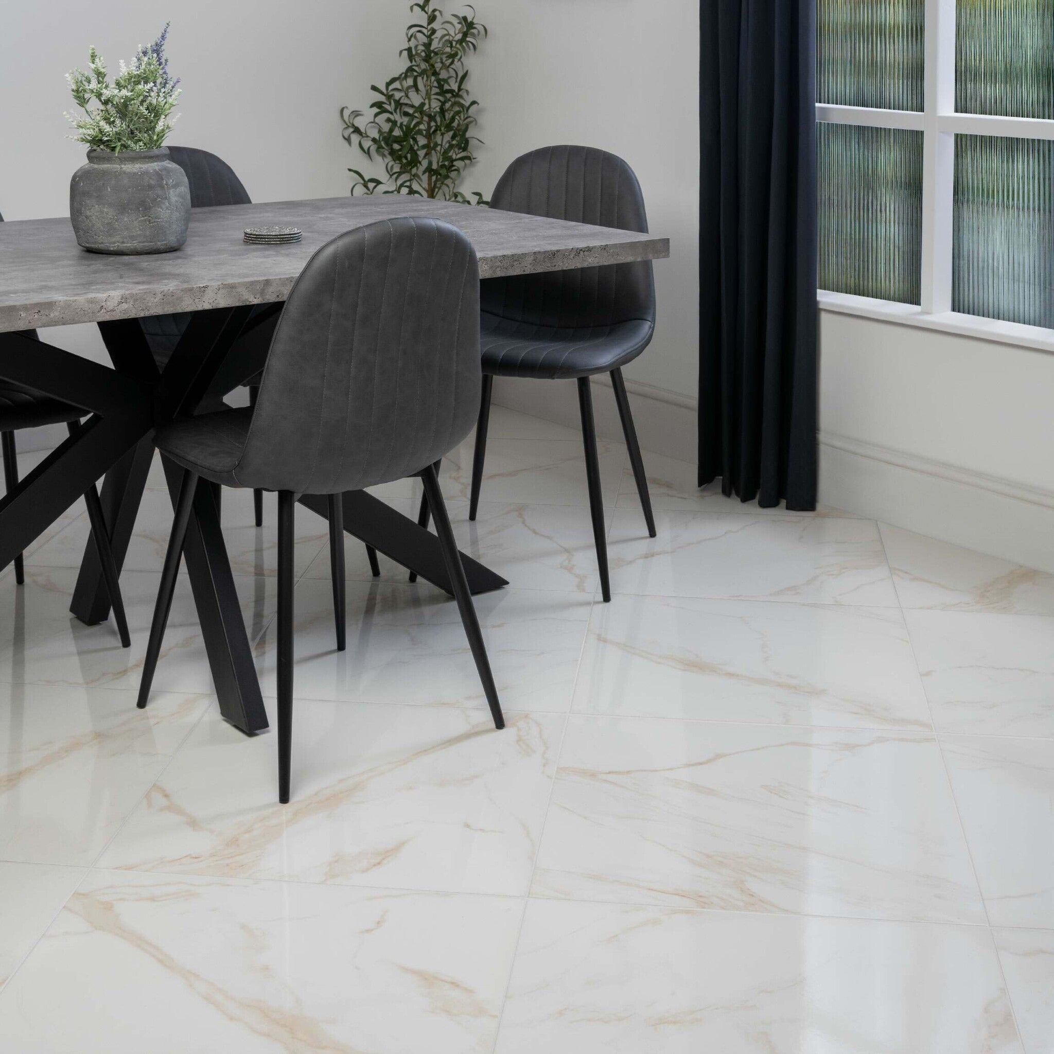 Dining room décor image of Alessia Gold Gloss Marble Effect Tile 60x60cm