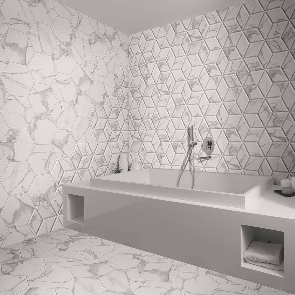 Carrara White Marble Effect Satin Hexagon Tile - Luxury Tiles UK