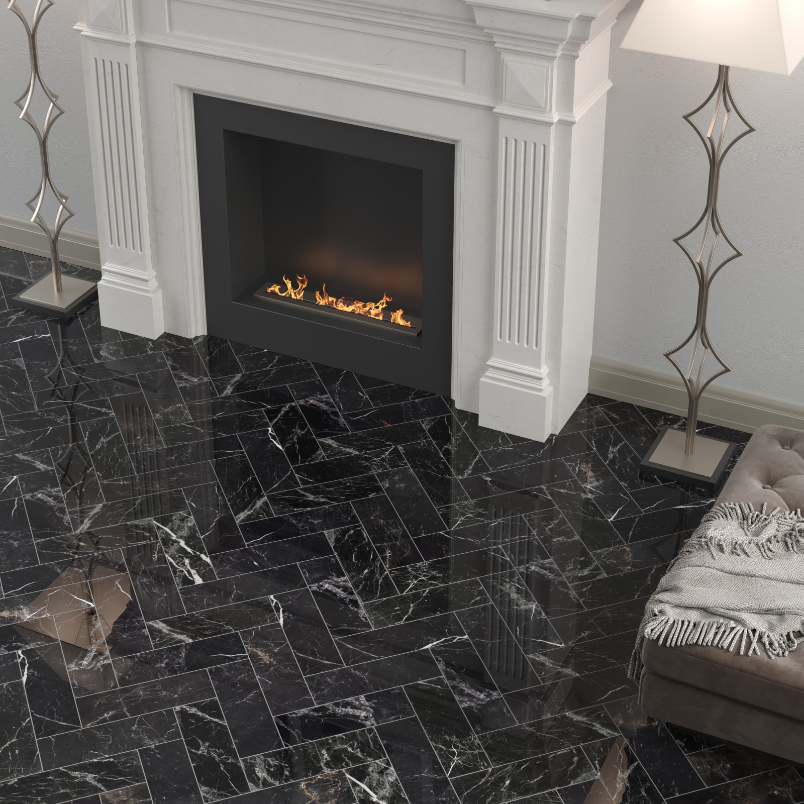 Authentic Black Polished Marble Herringbone Tile - Luxury Tiles UK