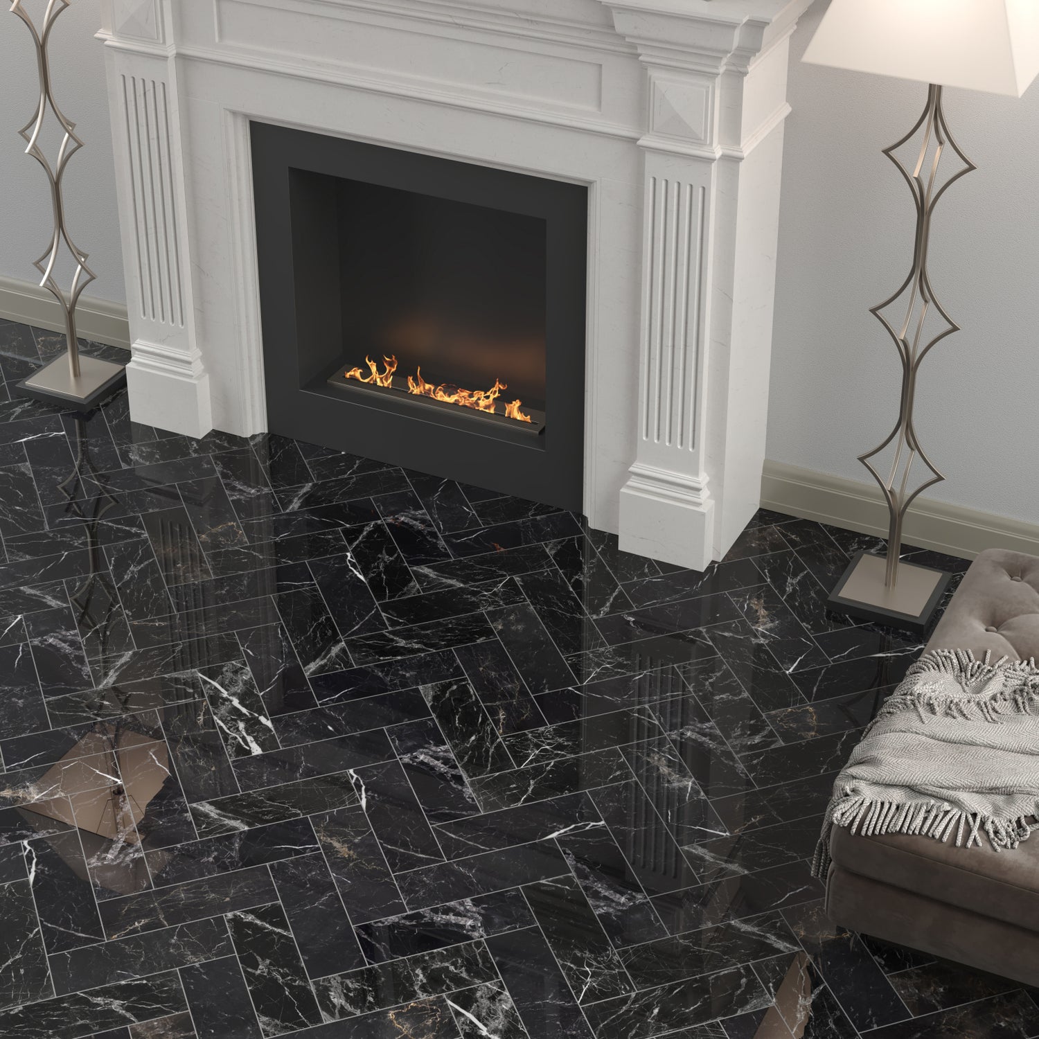 Authentic Black Polished Marble Herringbone Tile