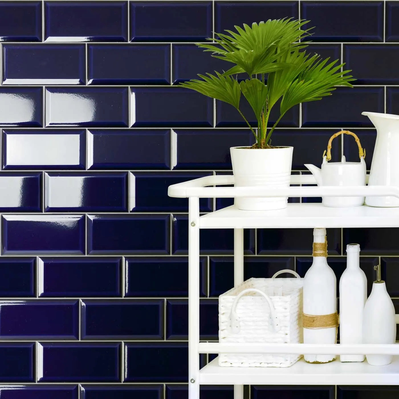 Piccadilly Blue Gloss Bevelled Metro Brick 10 x 20 cm Tile - Luxury Tiles UK