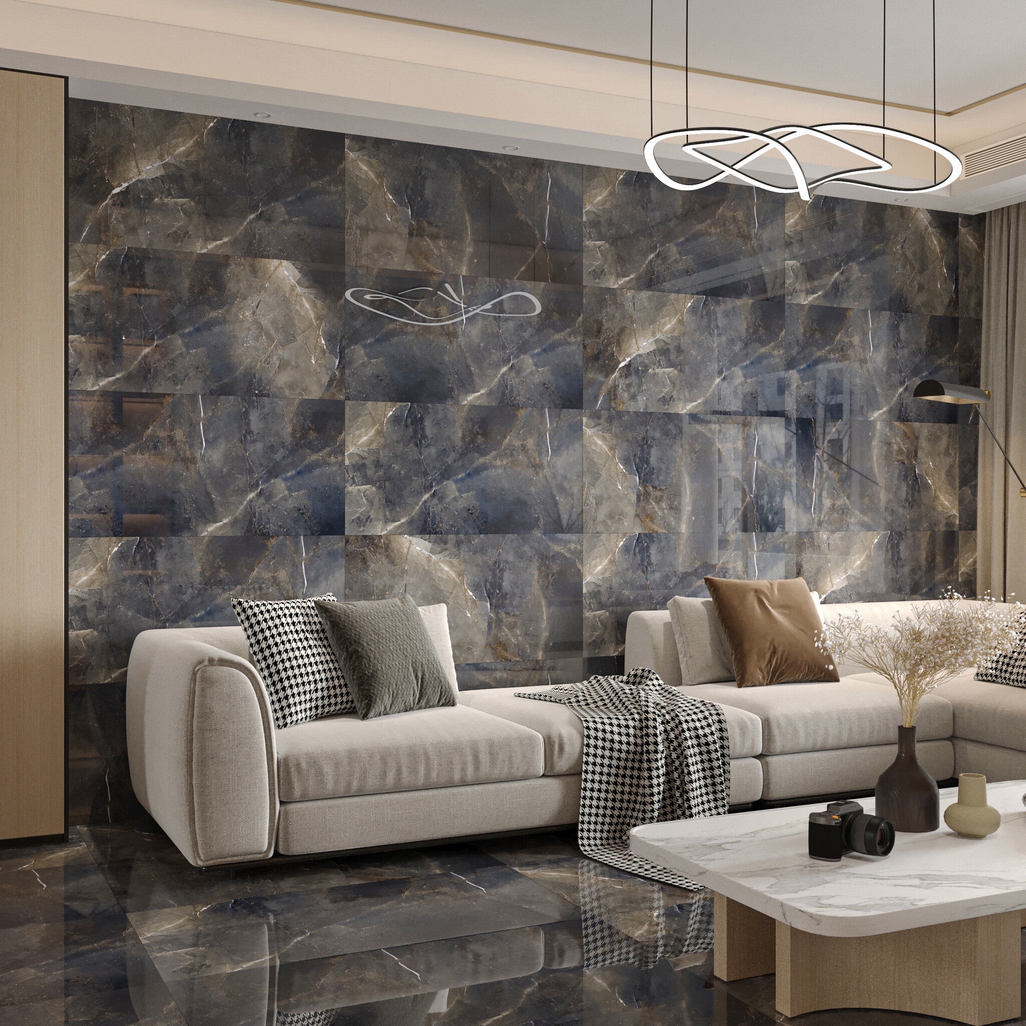 Galaxy Grey Marble Effect 1200x600mm Floor and Wall Tile - | Black Gloss Porcelain Tile - Luxury Tiles UK