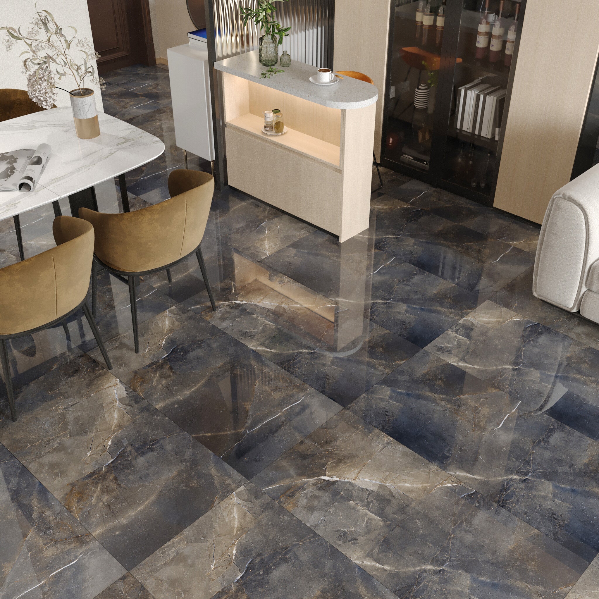 Galaxy Grey Marble Effect 1200x600mm Floor and Wall Tile - | Black Gloss Porcelain Tile - Luxury Tiles UK