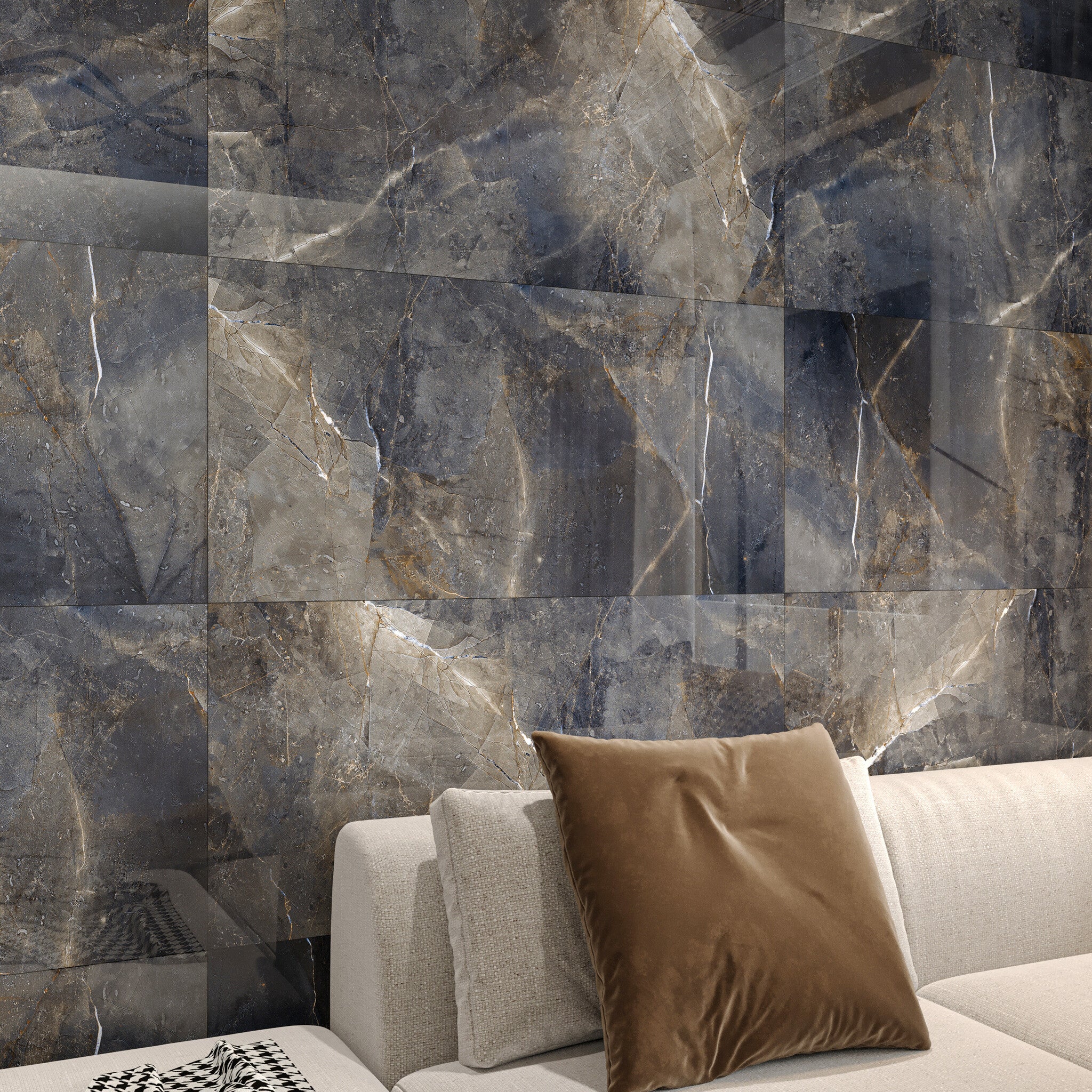 Galaxy Grey Marble Effect 1200x600mm Floor and Wall Tile - | Black Gloss Porcelain Tile - Luxury Tiles UK