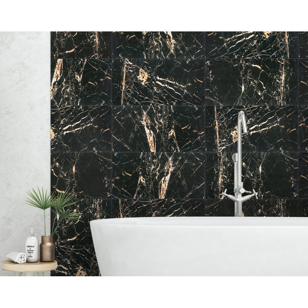 Gold Creama &amp; Jet Black Marble Effect 600x300mm Wall Tile - Luxury Tiles UK