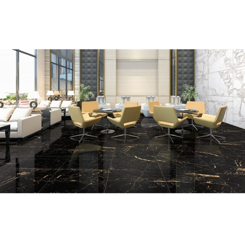 Gold Creama  & Jet Black Marble Effect 60cm x 120cm Floor and Wall Tile - Luxury Tiles UK