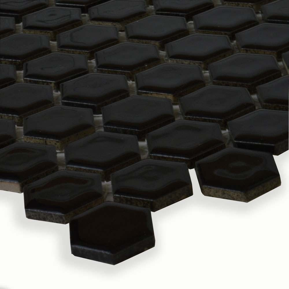 Black Hexagon Gloss Black Mosaic Tile