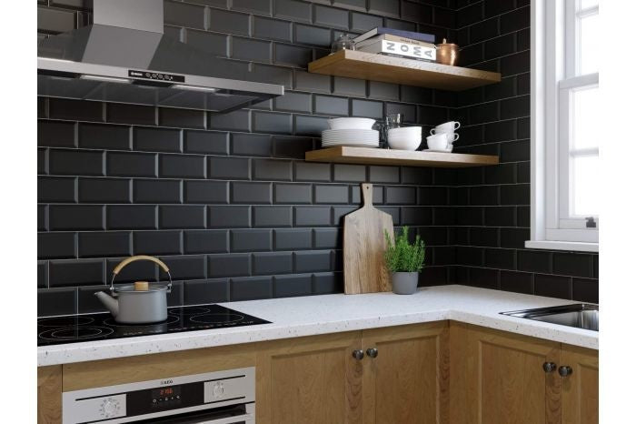 Black Bevelled Matt Metro Tile 10x20cm - Luxury Tiles UK