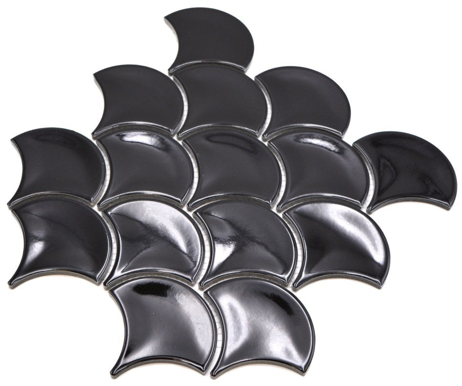 Charcoal Black Gloss Scallop Mosaic - 256x273mm - Luxury Tiles UK