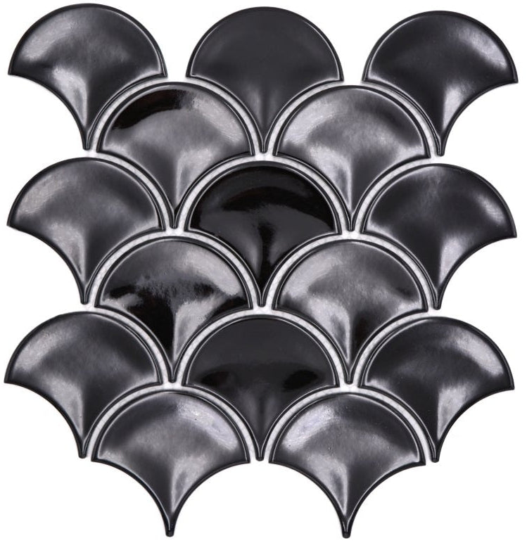 Charcoal Black Gloss Scallop Mosaic - 256x273mm - Luxury Tiles UK