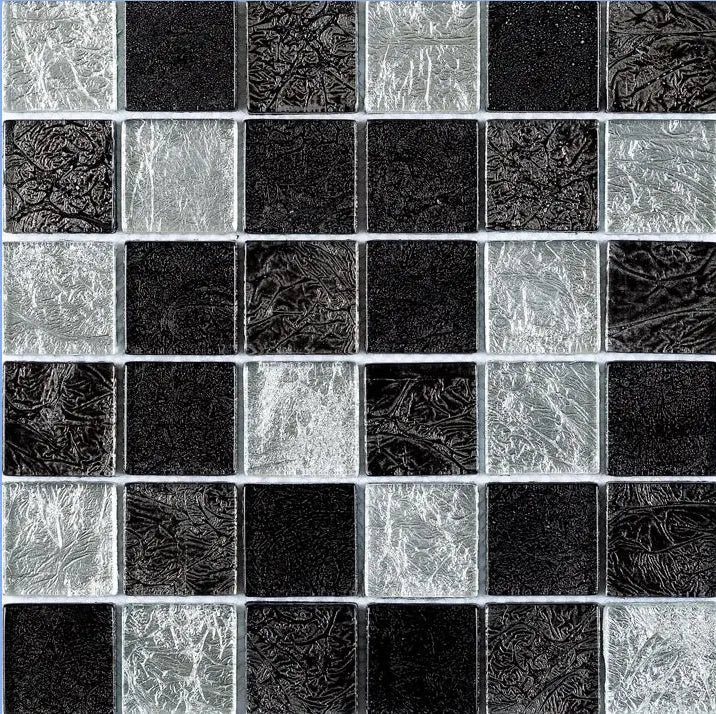 Lavish Black &amp; Silver Crackle Glass Mosaic tile 300 x 300mm