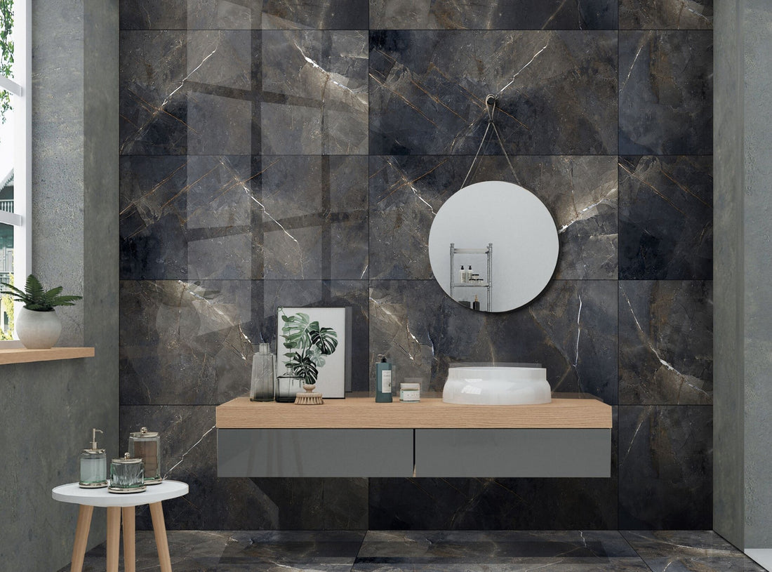 Galaxy Grey Marble Effect 1200x600mm Floor and Wall Tile - | Black Gloss Porcelain Tile - Luxury Tiles UK