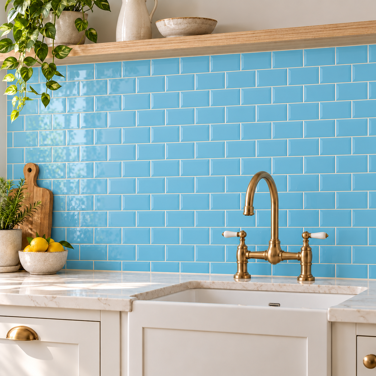 A bright kitchen scene with glossy light baby blue subway tiles backsplash, 