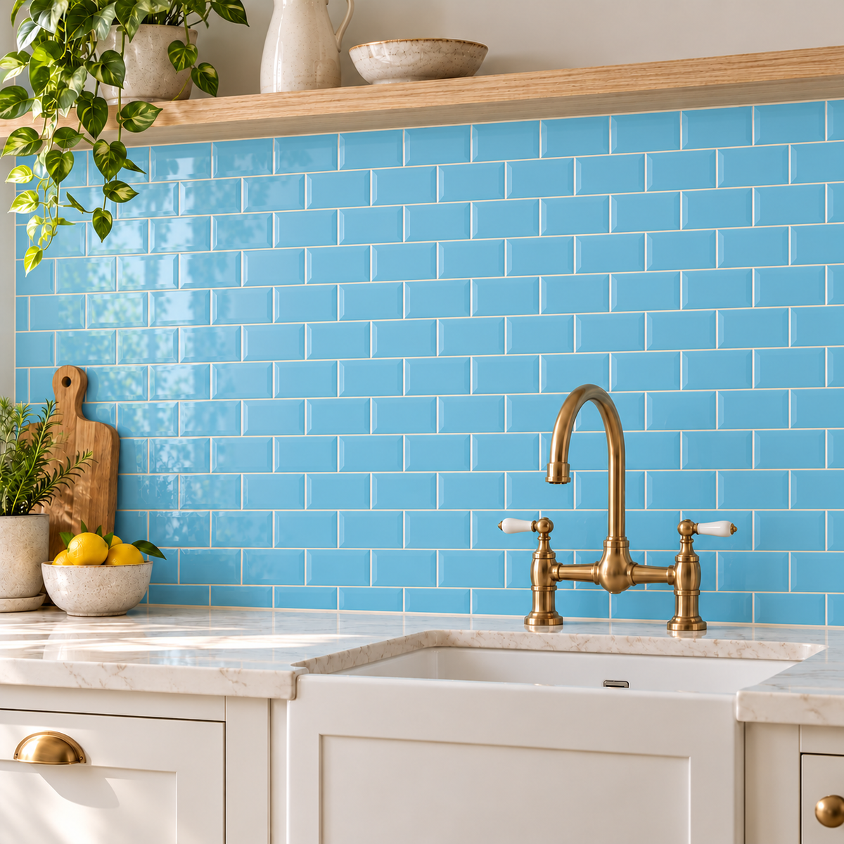 A bright kitchen scene with glossy light baby blue subway tiles backsplash, 