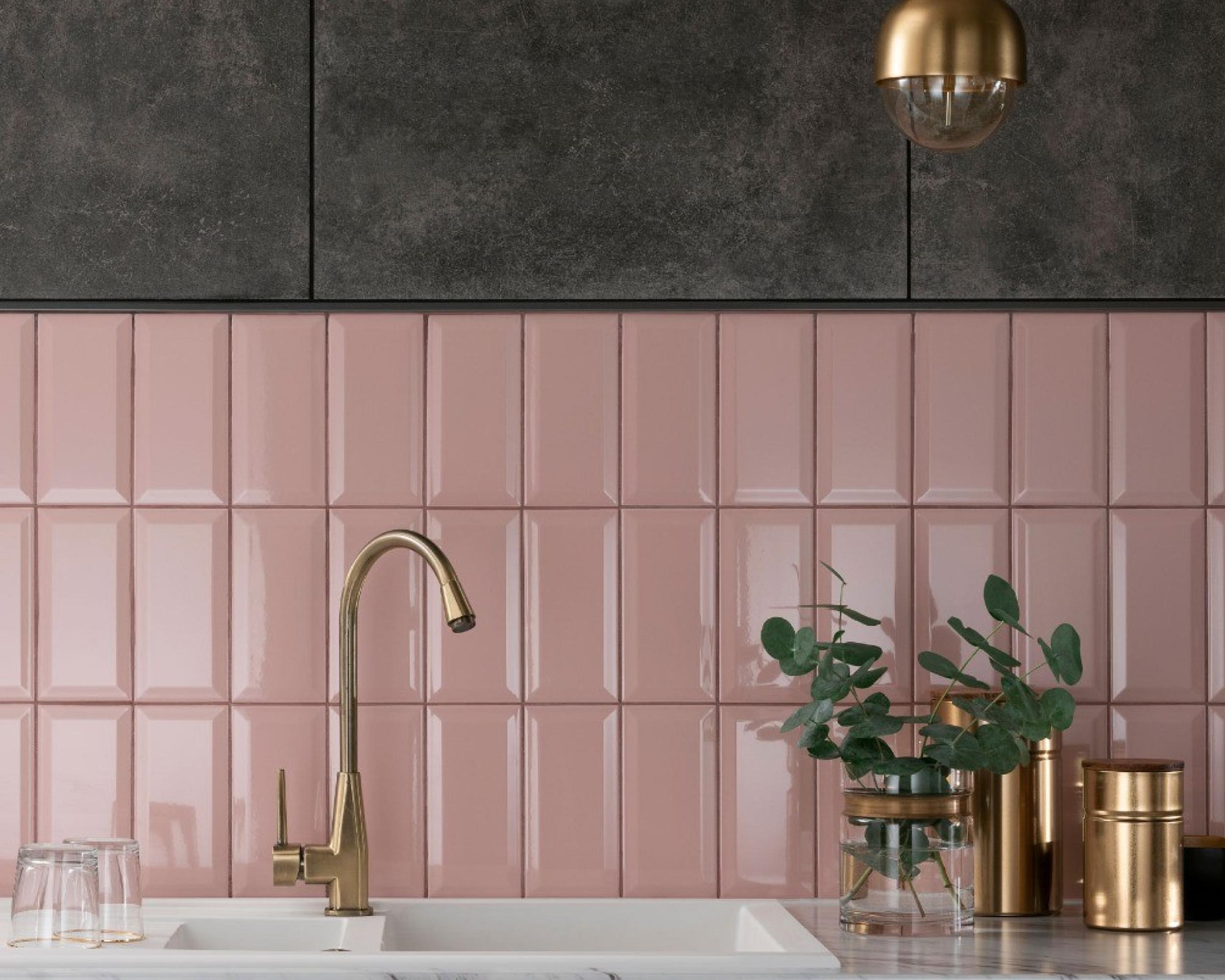 pink gloss metro tiles on a wall kitchen splashback
